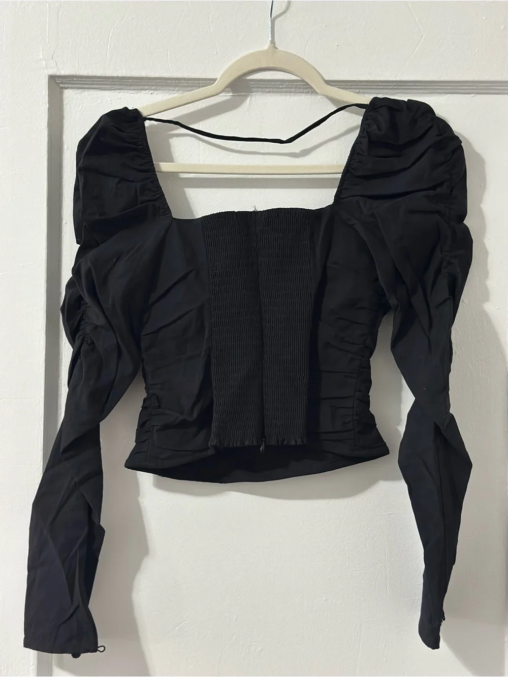 Reformation Black Ruched Puff-Sleeve Square Neck Top